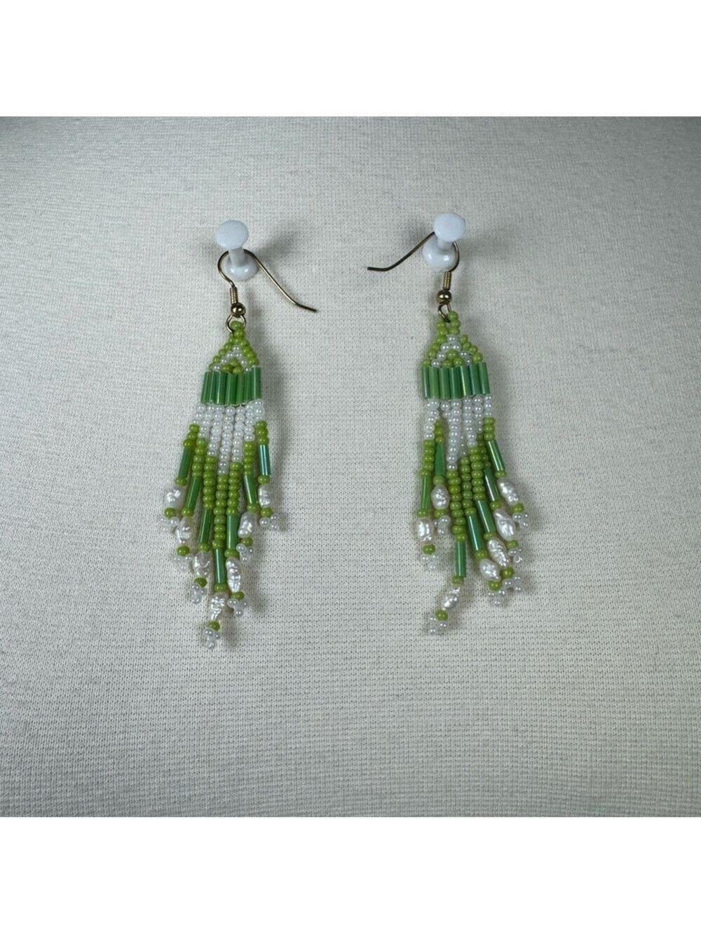 Elegant Green Beaded Drop Earrings Handmade Vintage